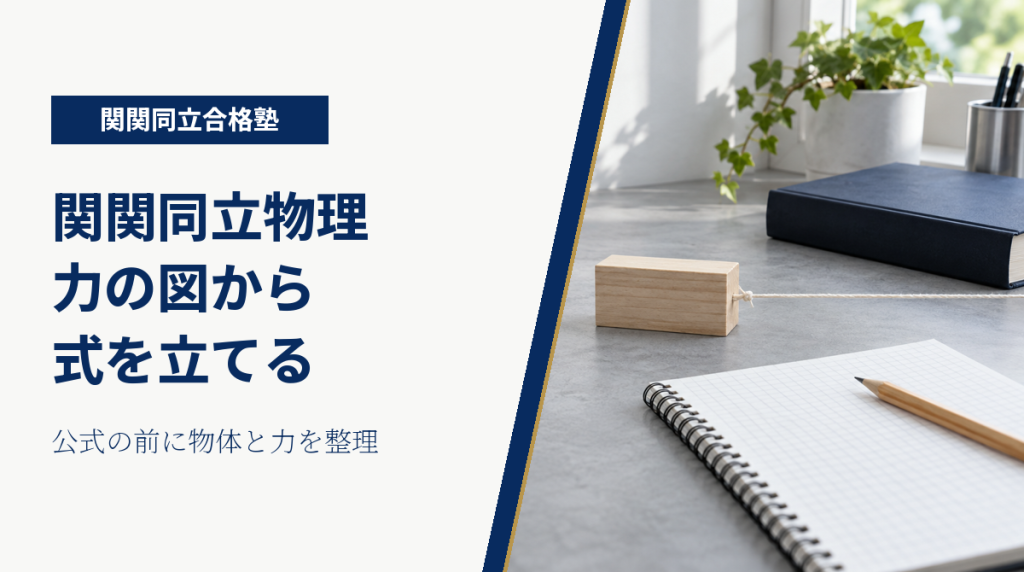 ひもを付けた木の物体と方眼ノートを背景に、物理の力の図から式を立てる方法を示す画像