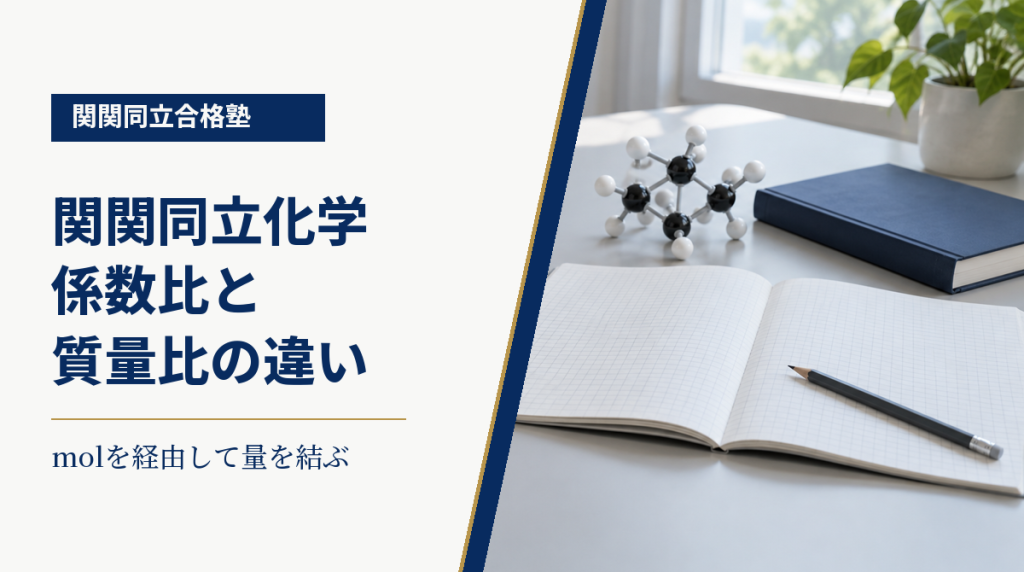 分子模型と方眼ノートを背景に、化学の係数比と質量比の違いを示す画像