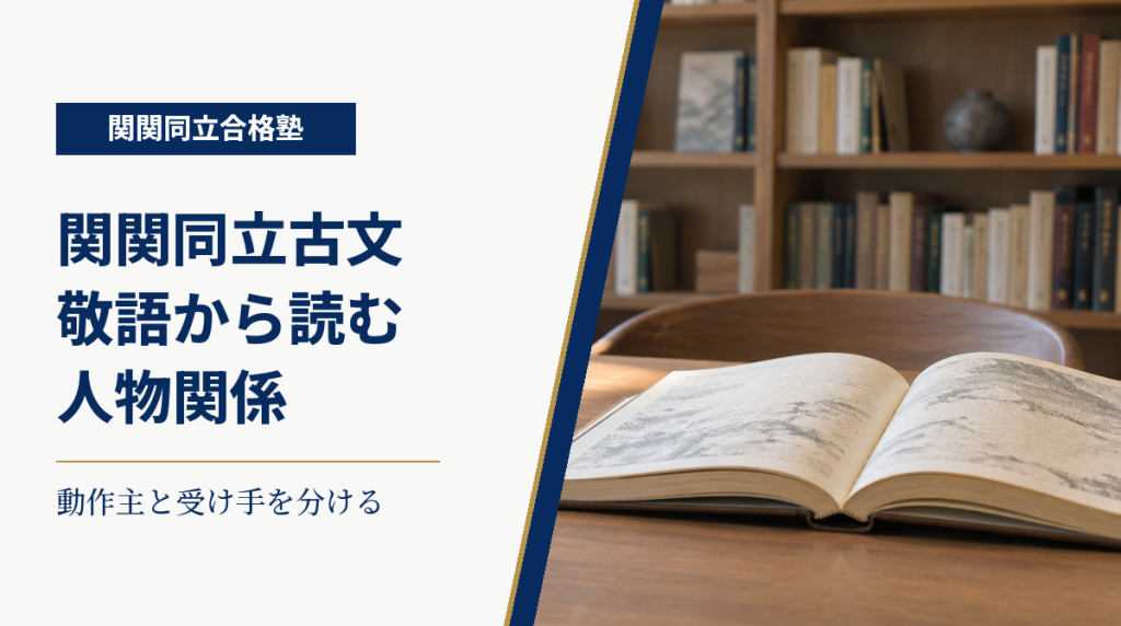 学習机の本を背景に、関関同立古文の敬語から人物関係を読む方法を示す画像