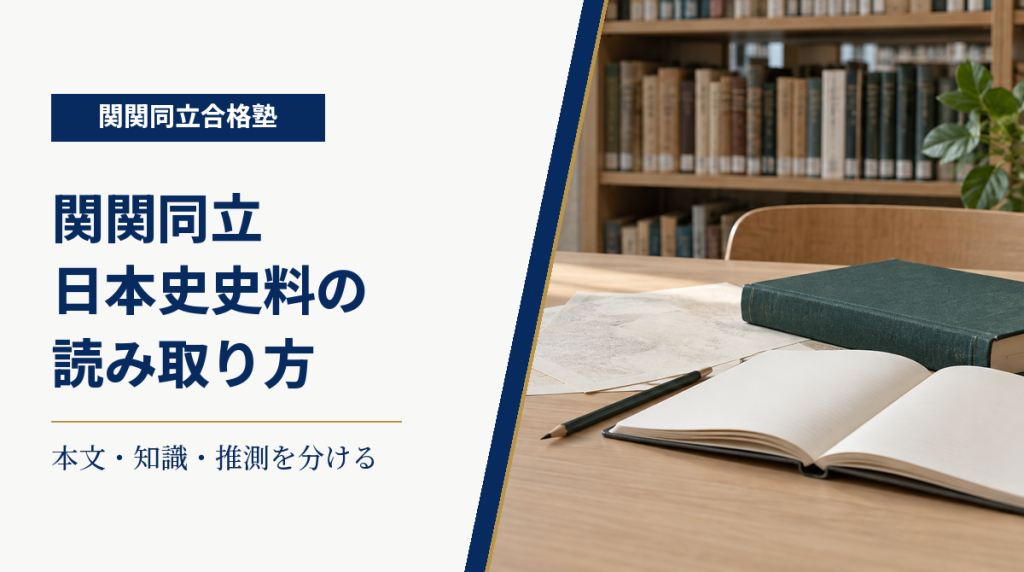 資料とノートを置いた学習机と、本文・知識・推測を分ける日本史史料の読み取り案内