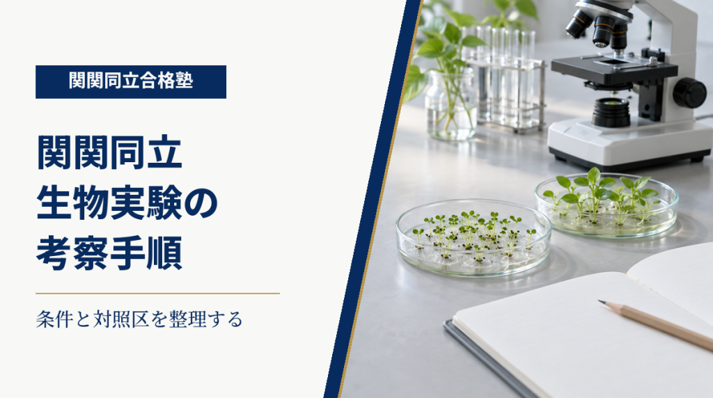 芽生えと顕微鏡を置いた学習机と、条件・対照区を整理する生物実験考察の案内