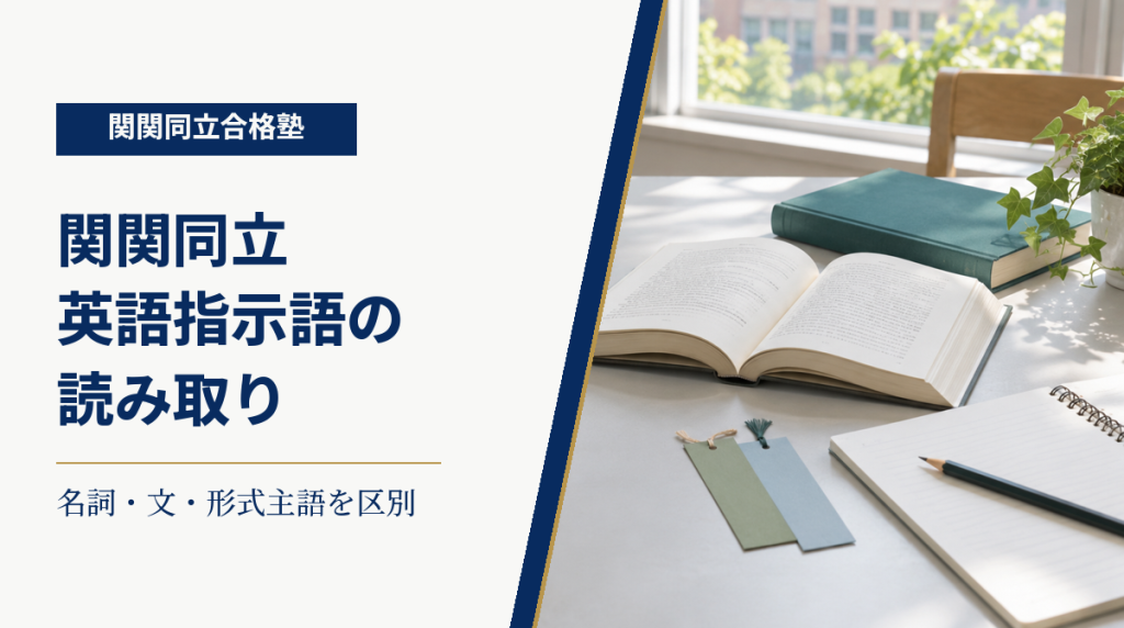 本とノートを置いた学習机と、名詞・文・形式主語を区別する英語指示語の読み取り案内