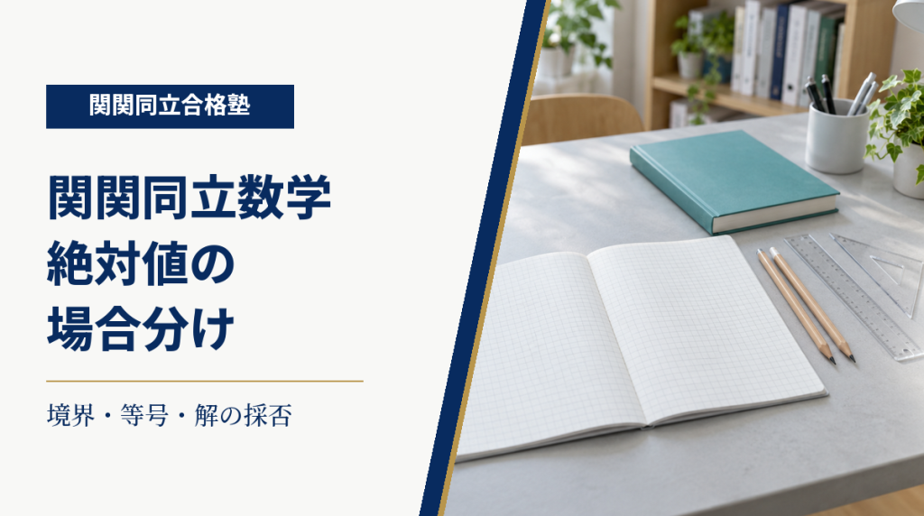 方眼ノートと定規を置いた学習机と、絶対値の境界・等号・解の採否を確認する数学学習の案内