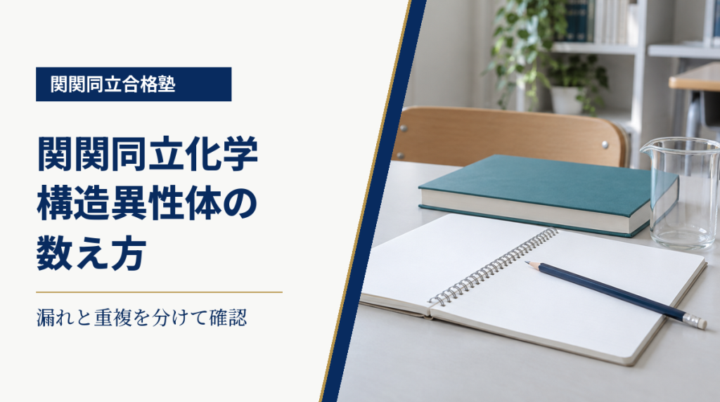 白紙のノートと青緑の本を置いた学習机と、構造異性体の数え漏れ・重複を確認する化学学習の案内