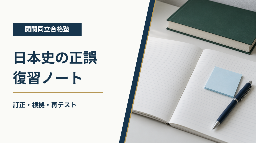関関同立合格塾：日本史の正誤問題の復習ノート。ノートとペンの写真に訂正・根拠・再テストの文字