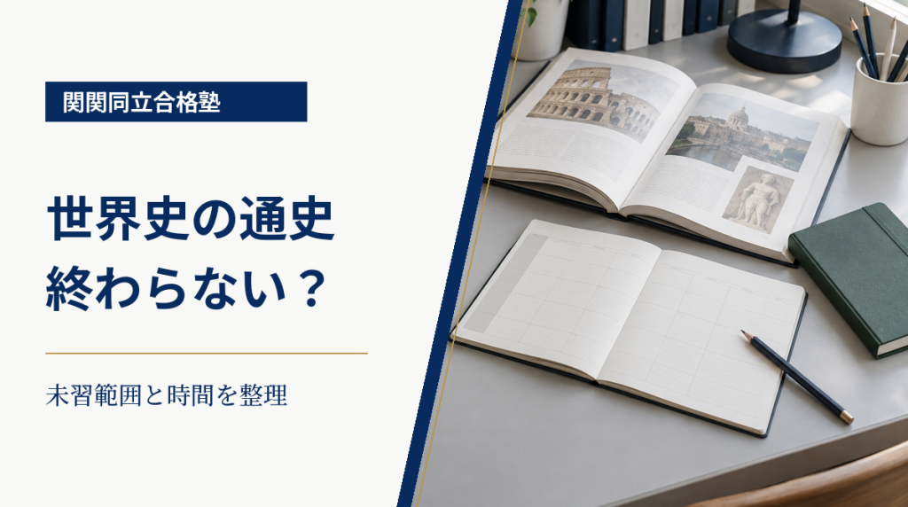 関関同立合格塾の世界史通史の計画見直し。学習机の本と予定表に、通史が終わらない人向けの見出し
