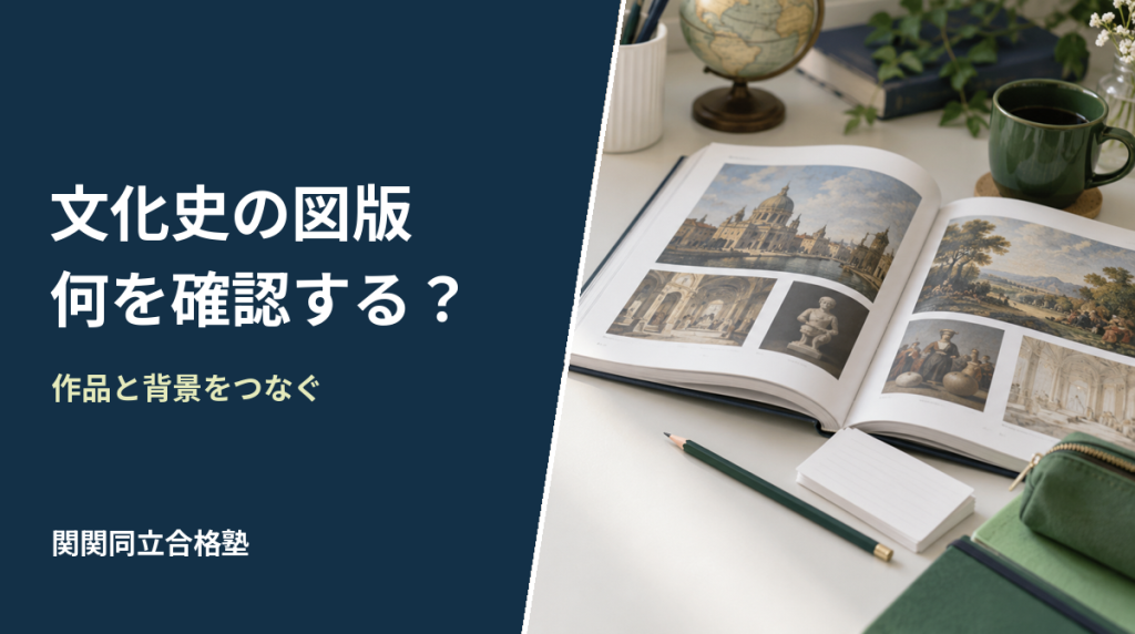 関関同立世界史の文化史図版問題。作品と背景をつなぐ確認を案内するアイキャッチ