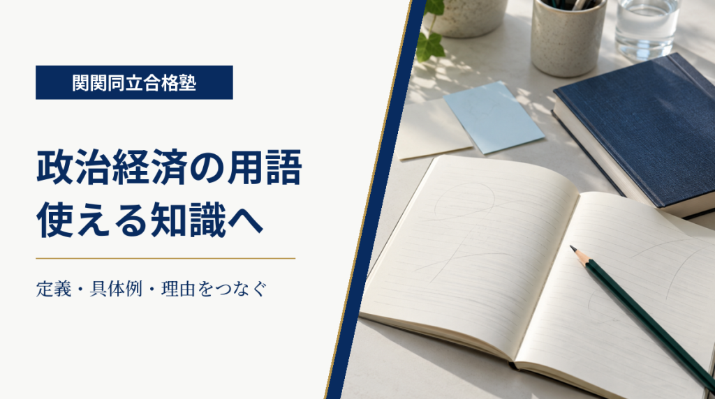 政治経済の用語を具体例と理由説明につなぐ練習を案内する、学習ノートと関関同立合格塾のアイキャッチ