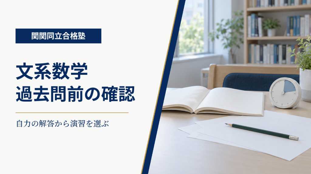 文系数学の過去問前チェックを案内する、学習ノートとタイマー、関関同立合格塾のアイキャッチ