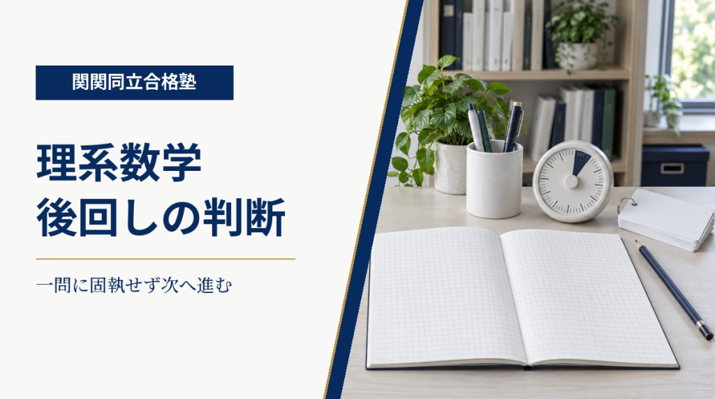 方眼ノートとタイマーを背景に、理系数学の後回し判断を案内する関関同立合格塾の画像