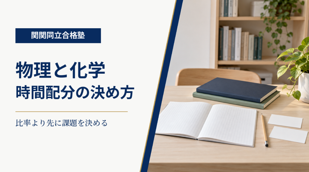 無地の学習ノートと鉛筆を背景に、物理と化学の時間配分を案内する関関同立合格塾の画像