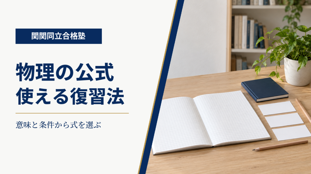 白い方眼ノートと無地カードを背景に、物理の公式の復習を案内する関関同立合格塾の画像
