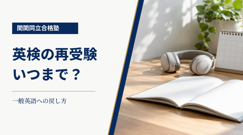 学習机の無地の本・カレンダー・ヘッドホンを背景に、英検の追加受験と一般英語へ戻す判断を案内する関関同立合格塾の画像