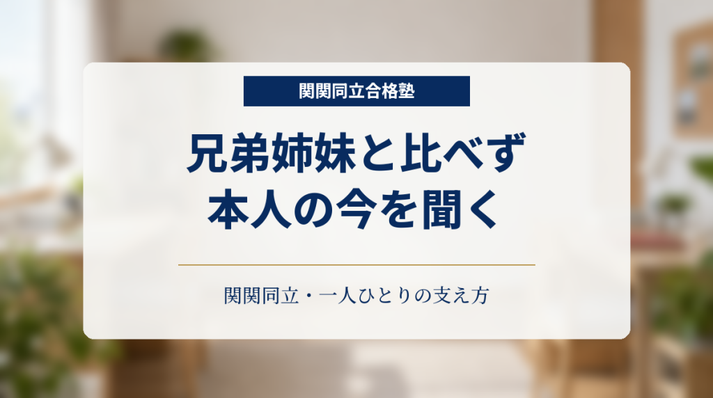 二つの机がある学習室を背景に「兄弟姉妹と比べず 本人の今を聞く」と記した関関同立の保護者向け画像