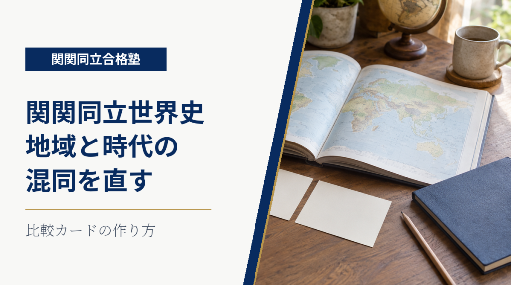 地図帳と2枚のカードを背景に、世界史の知識を比較して整理する方法を示す画像