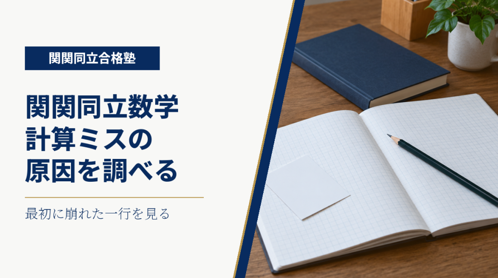 方眼ノートと鉛筆を背景に、数学の計算ミスを答案の一行から調べる方法を示す画像